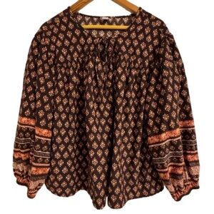 Old Navy Black Blouse with Orange and Cream Patterns